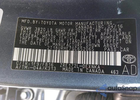 2016 Toyota Corolla Le from USA, damaged, VIN 2T1BURHE7GC652065